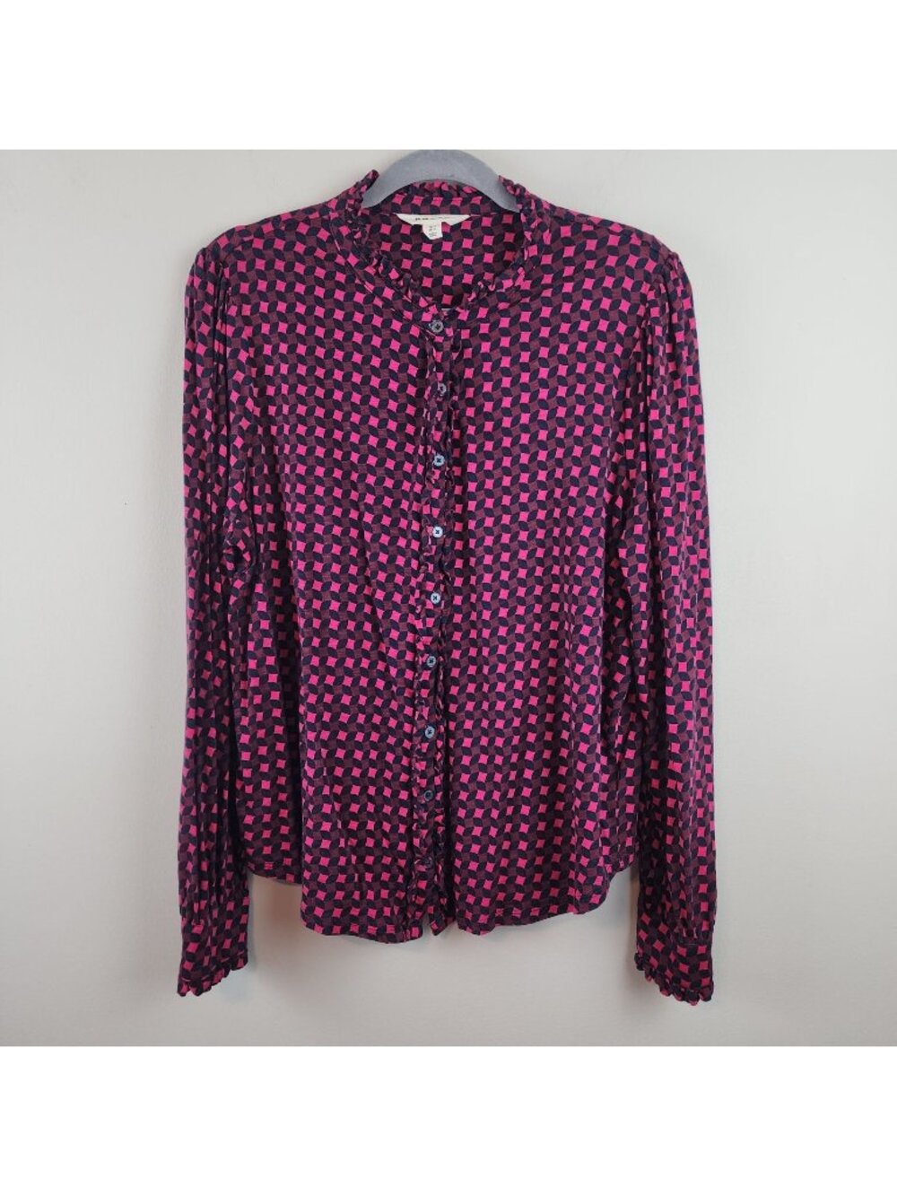 Boden long sleeve button up blouse pink black geometric print ruffle trim sz 14